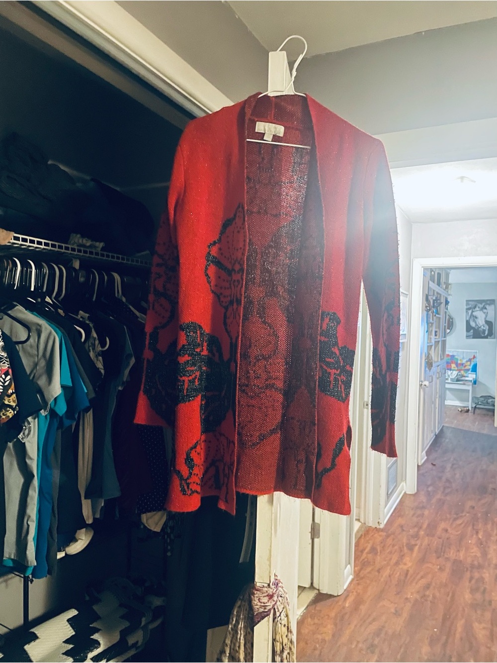 Red Floral Open-Front Knit Cardigan